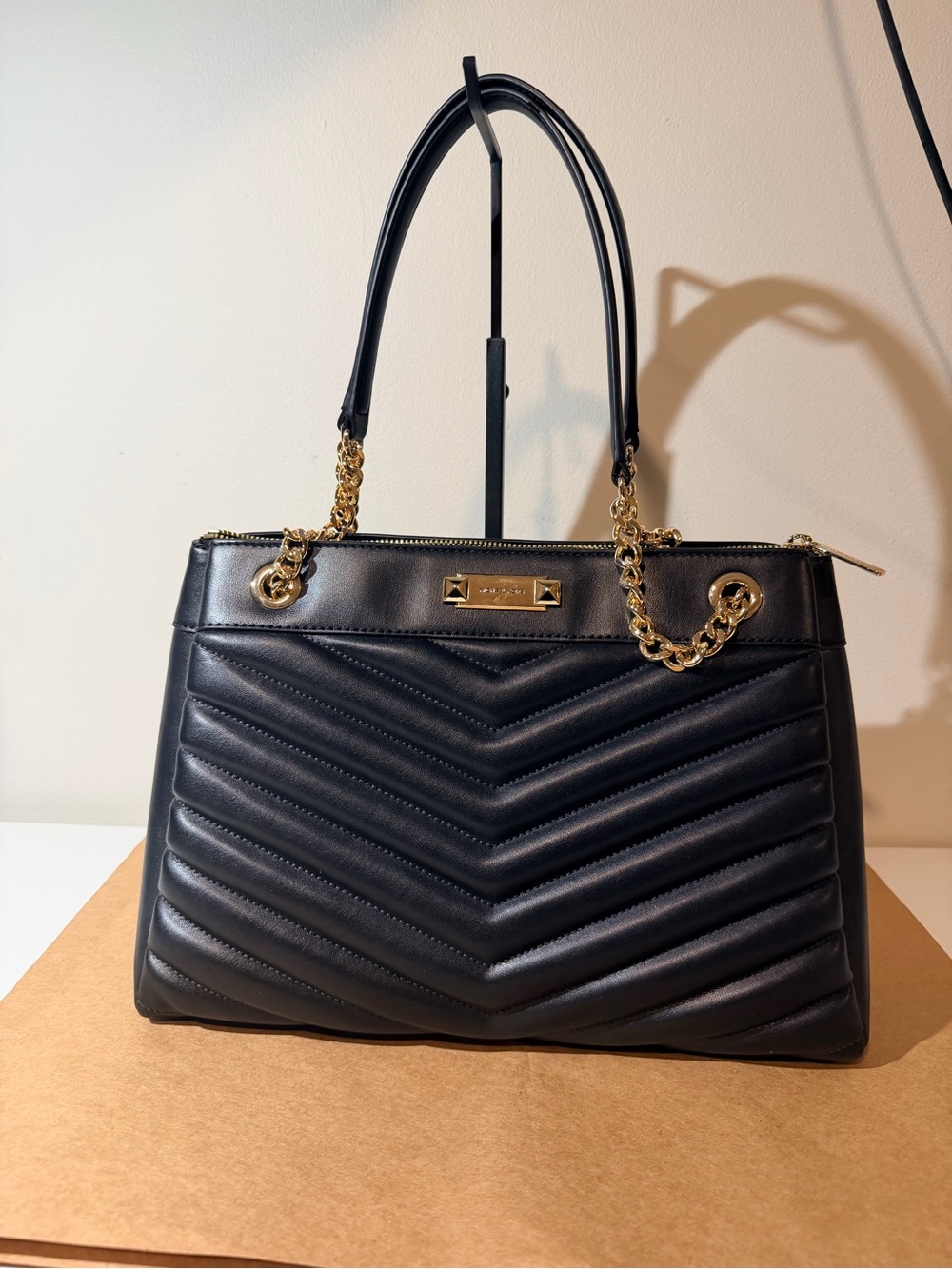 Michael Kors Elegant Black Quilted Shoulder Women’s Tote with Gold Chain Accents